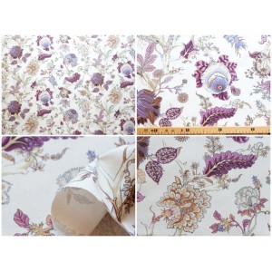 coupon tissu Ceylan coton violet fond crème