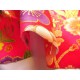 coupon tissu Japonais traditionnel 55x49cm fleuri doré fond fuchsia 18