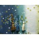 coupon tissu Chirimen Japonais traditionnel 55x49cm fleuri doré fond bleu 55