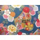 coupon tissu Japonais traditionnel 55x49cm fleuri doré fond bleu paon 61