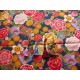 coupon tissu Japonais traditionnel 55x49cm fleuri tambour doré fond bleu paon 65