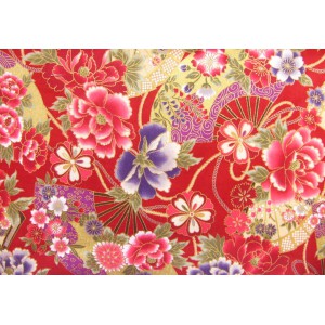 coupon tissu Japonais 55x49cm eventail fleur doré rouge 75 [MIYABI]