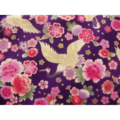 coupon tissu Japonais traditionnel 55x49cm grue fleuri dore fond violet 80