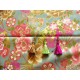 coupon tissu Japonais traditionnel 55x49cm eventail fleuri dore amande 84