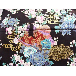coupon tissu Japonais traditionnel 110x49cm Heian fleuri doré noir 87