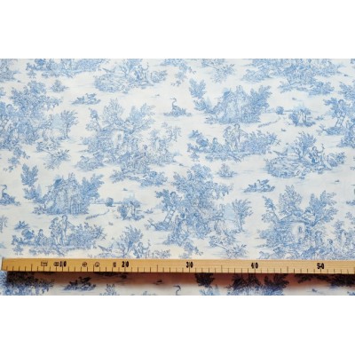 tissu au mètre : Toile de Jouy MINI PASTORALE (petit, bleu fd ivoire)